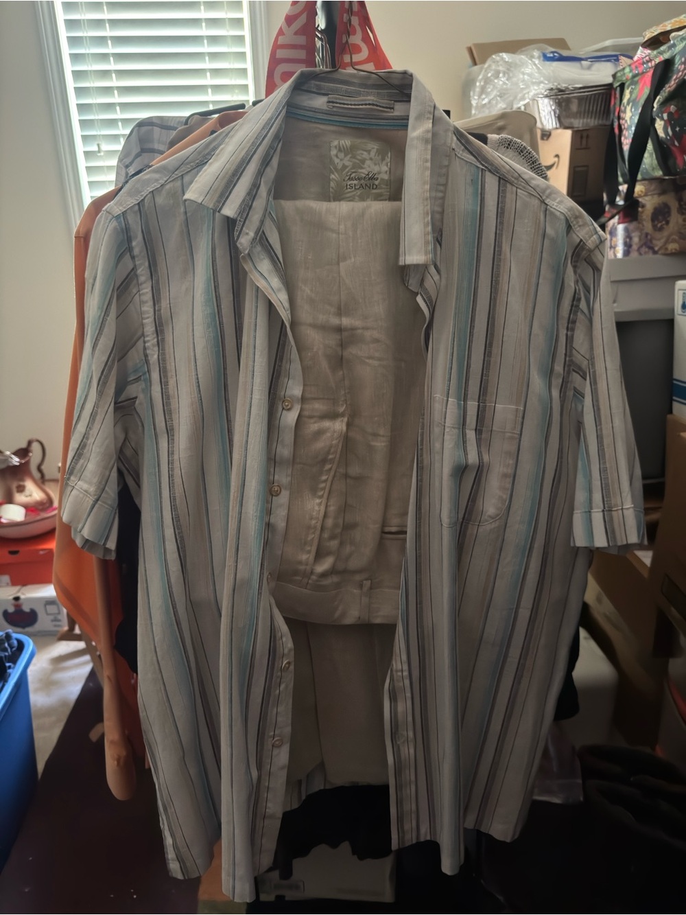 Tasso Elba Linen-Blend Striped Button Shirt - Light Blue & Beige men pant suit